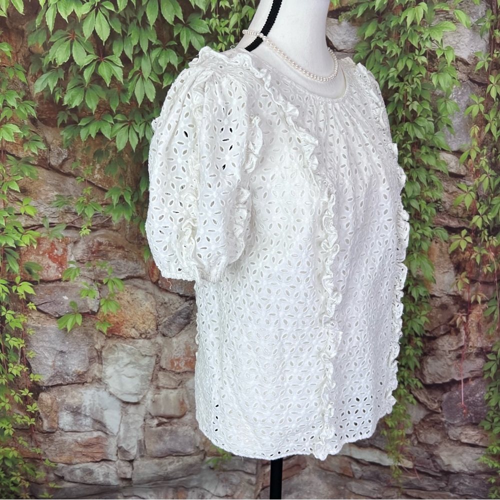 RACHEL PARCELL Cottagecore White Eyelet Ruffle Accent Puff Sleeve Summe Blouse M - Picture 8 of 10